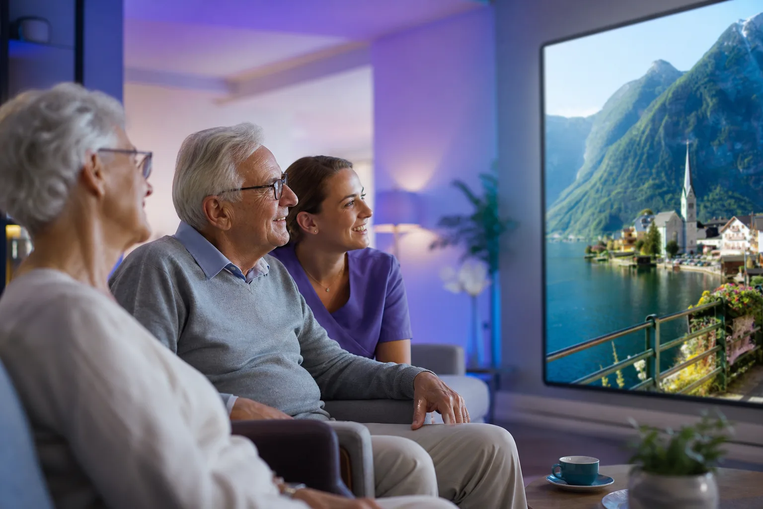Care home residents and a carer enjoying an immersive travel experience together