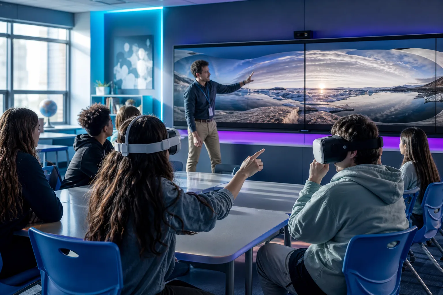 Pupils and a teacher exploring an immersive 360 experience in a classroom